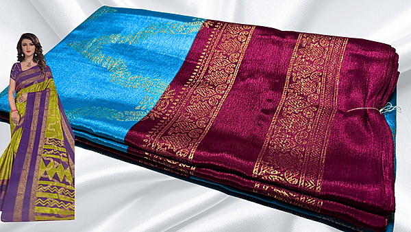 Mulberry Necklace Gold Foil Saree - Aqua Blue & Dark Plum