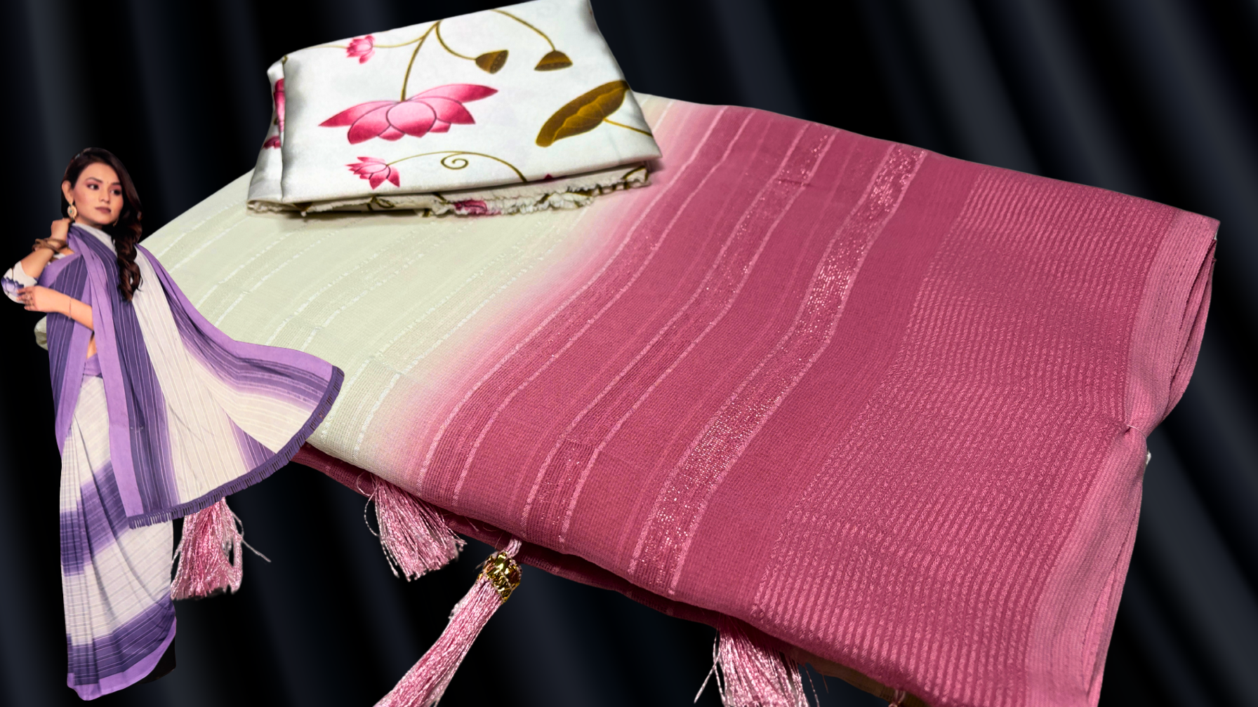 Saramita White Chiffon Silver Line Saree - Onion Pink