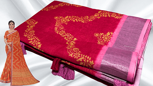 Full Speed necklace Linen Saree - Red Pink