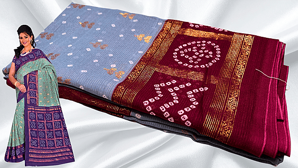Bandhani Gold Foil Print Saree - Gray