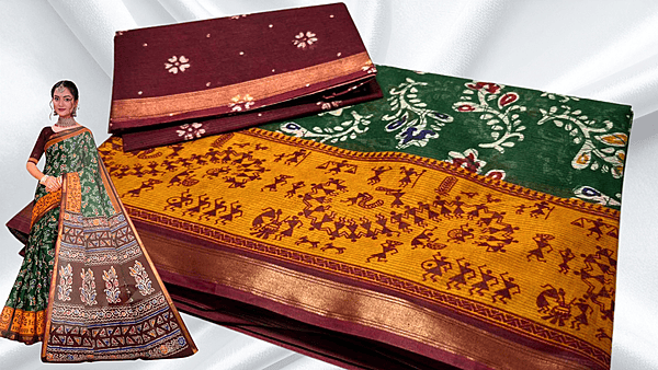 Golden Border Pure Cotton Saree - Green & Maroon