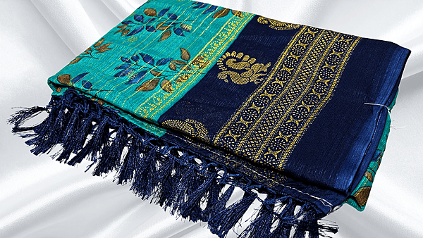 Jwala Chiffon Gold Foil Saree - Aqua & Dark Blue