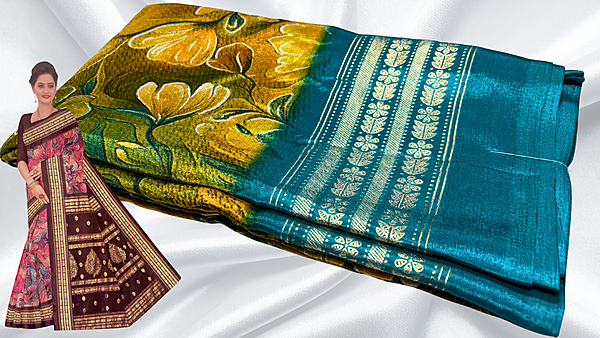 Gold Coin Viscose Digital Floral Foil Saree - Turquoise