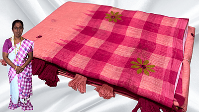 Soft Checks Mirror Work Saree - Pink