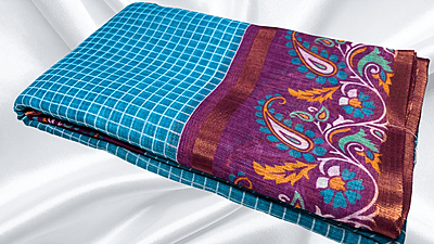 Bentex Cotton Digital Checks Saree - Aqua Blue & Purple Bentex Cotton Digital Checks Saree - Aqua Blue & Purple