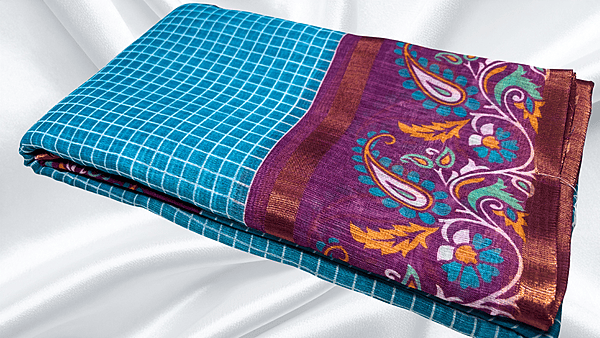 Bentex Cotton Digital Checks Saree - Aqua Blue & Purple
