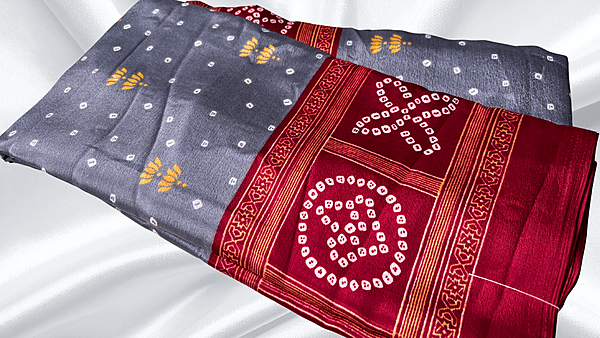 Fini Poly Butter Soft Saree - Gray & Red