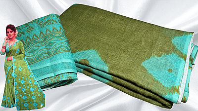 Shibori Cotton Diamond Dye Saree - Moss Green & Turquoise