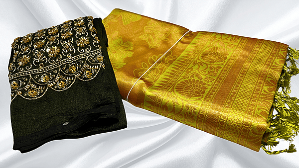 Sujatha Aari Work Blouse Silk Saree - Yellow Green