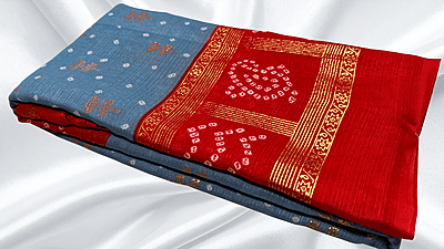 Summer Cool Gold Foil Saree - Blue Gray & Red