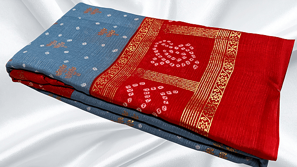 Summer Cool Gold Foil Saree - Blue Gray & Red