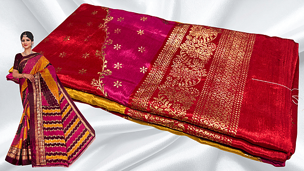 Turkey Rainbow Gold Foil Saree - Red