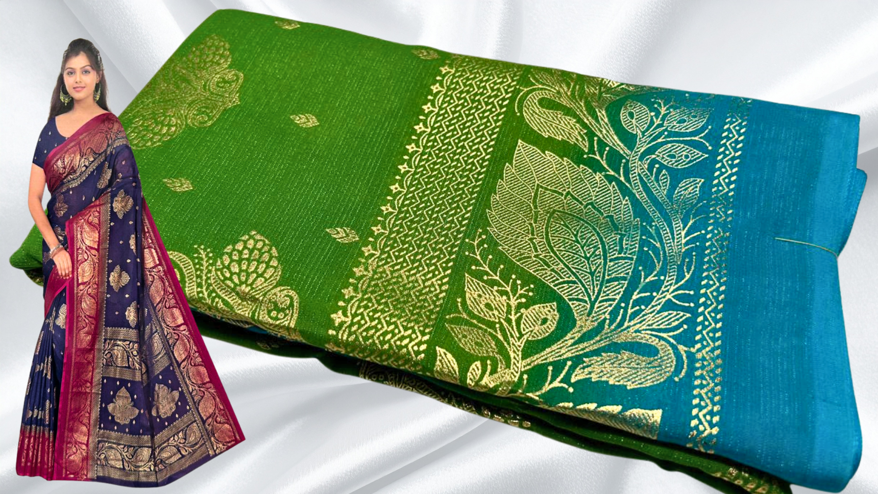 Bhumika Gold Foil Leaf Saree - Leaf Green & Turquoise
