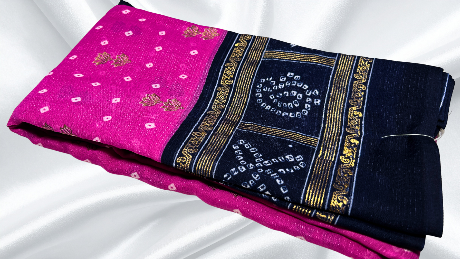 Sharlimi Soft Gold Foil Saree - Rose Pink & Dark Blue