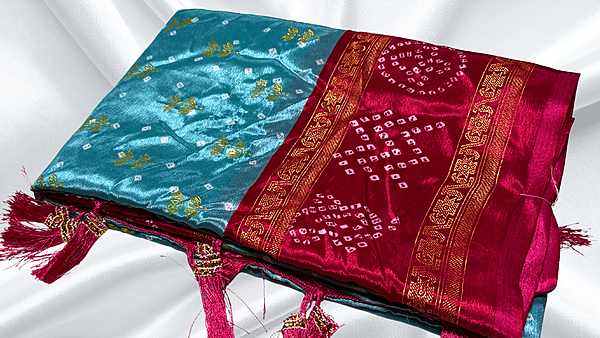 Kora Soft Butter Gold Foil Saree - Cream Aqua & Red