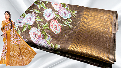 Kangan Soft Jari Floral Dola Saree - Choco Kangan Soft Jari Floral Dola Saree - Choco