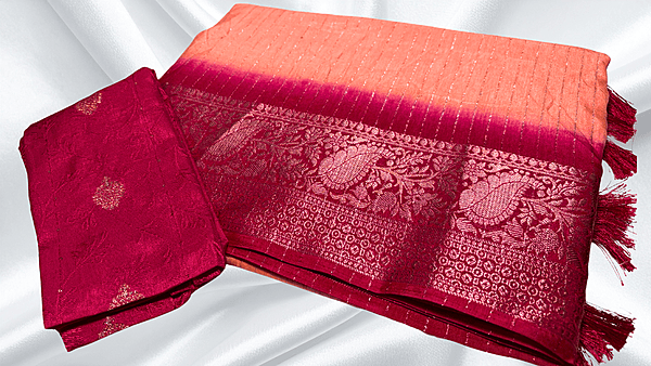 Range Rover Gold Line Jari Saree - Peach & Red Pink