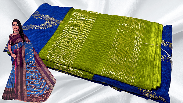 Madhubala Necklace Gold Foil Saree - Ink Blue & Leaf Green