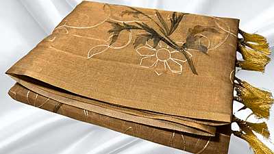 Tissue Silk Thread Work Aari Saree - Golden Beige