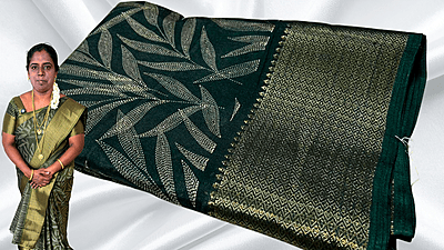 Black Beauty Leaf Gold Saree - Pine Green