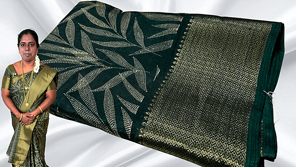 Black Beauty Leaf Gold Saree - Pine Green