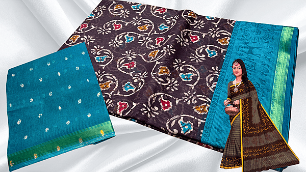 Batik Jari Pure Cotton Saree - Dark Plum & Aqua