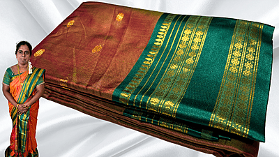Retta Patta Kanchi Silk Saree - Orange Gold & Pine Green