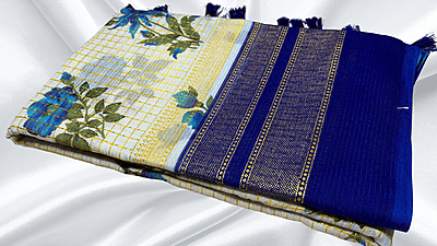 Red Rose Fancy Gold Foil Saree - Ink Blue