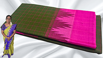 Pure Chettinadu Cotton Temple Checks Saree - Moss Green & Pink