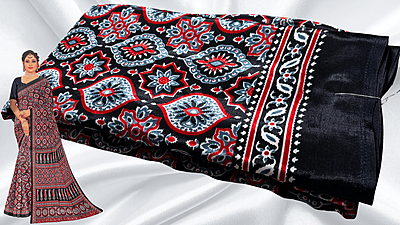 Crape Silk Ajrakh Pattern Saree - Black Crape Silk Ajrakh Pattern Saree - Black