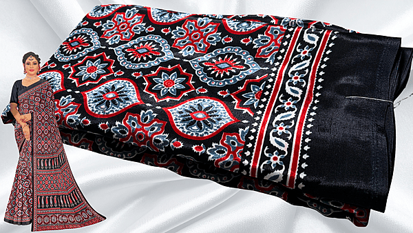 Crape Silk Ajrakh Pattern Saree - Black