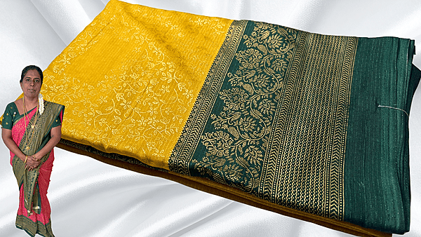 Good Day Gold Foil Vines Saree - Yellow & Dark Green