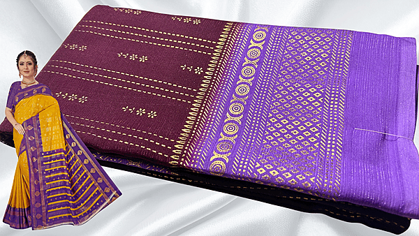 Mayurika Gold Foil Soft Saree - Dark Plum & Lavendar