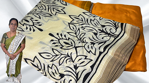 Sandal Border Black Flower Saree - Mustard