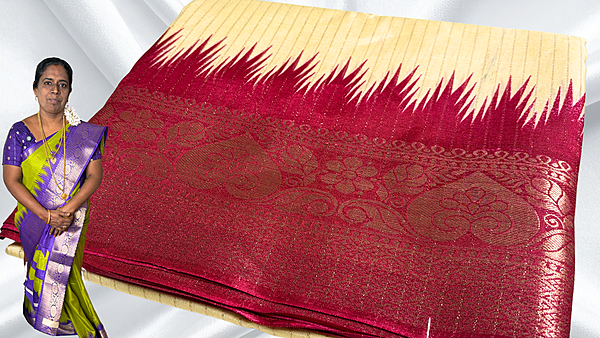 Kamatchi Soft Jari Line Temple Saree - Cream
