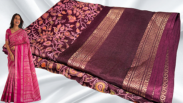 Deepti Retta Patta Floral Silk Saree - Dark Plum