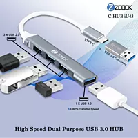 Zoook Type c to USB 3.0 hub/4 port/1 USB 3.0 port/3 USB 2.0 port/Free usb convertor/ iU43 USB Hub (Grey)