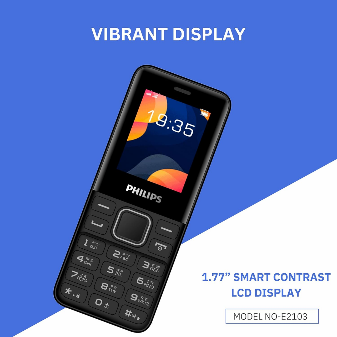 Philips All-New E2103 Sleek & Stylish |Keypad Mobile with 1.77" Screen|1000 MAH Battery | 2030mm Speaker| Wireless FM | Bright Torch