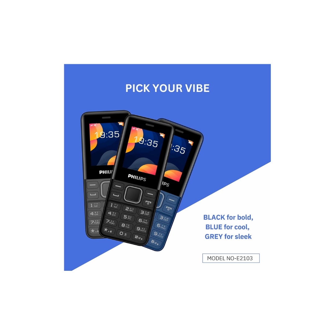Philips All-New E2103 Sleek & Stylish |Keypad Mobile with 1.77" Screen|1000 MAH Battery | 2030mm Speaker| Wireless FM | Bright Torch