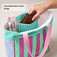 Stylish Striped Tote Bag with Inner Pocket - Pink and Blue Combo