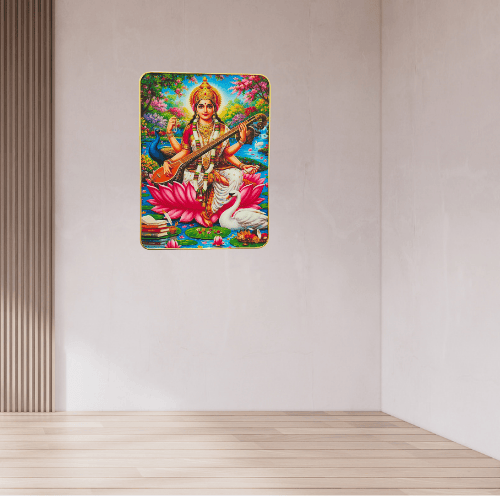 Vibrant Saraswati Mata Nature Wall Art – Golden Rimmed Plaque for Wisdom & Positive Energy
