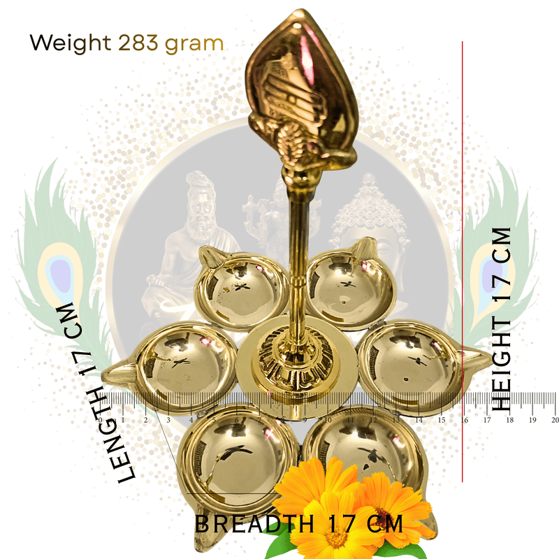 Pure Solid Brass 6 Face Murugan Vel Lamp for Pooja & Home Temple | Traditional Hindu Vilakku | Hand Crafted by Tamil Nadu Artisans, 283 Gram