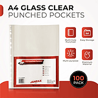 Pack of 100 A4 Glass Clear Punched Pockets by Janrax
