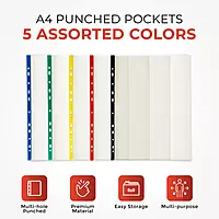 Pack of 25 A4 Punched Pockets with Assorted Coloured Reinforced Strip