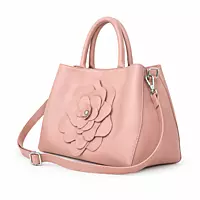 Camellia Floral Genuine Leather Satchel Handbag Blush Pink
