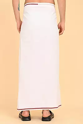 Men’s 100% Cotton Readymade Double-Layer White Veshti with Fancy Border