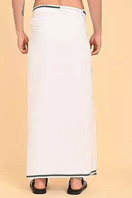 Men’s 100% Cotton Readymade Double-Layer White Veshti with Fancy Border