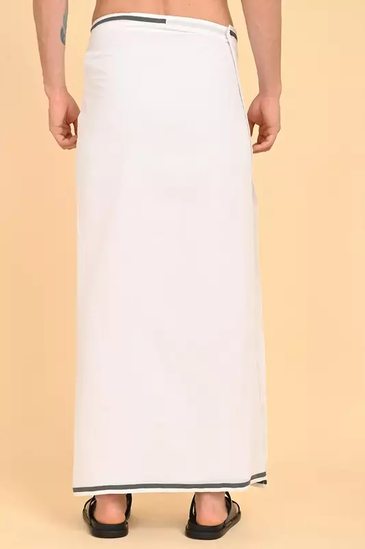 Men’s 100% Cotton Readymade Double-Layer White Veshti with Fancy Border