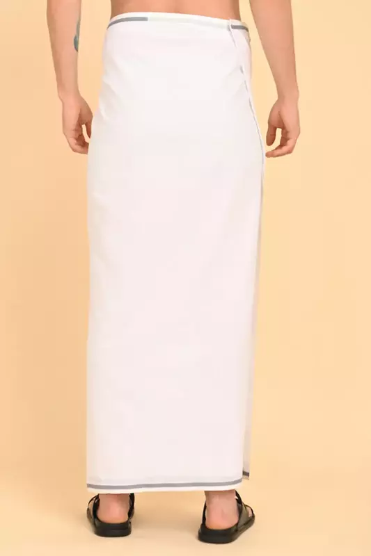 Men’s 100% Cotton Readymade Double-Layer White Veshti with Fancy Border