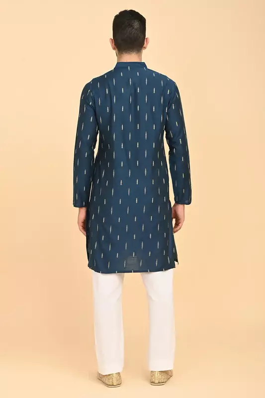 Men Jacquard Full Open Long Kurta - Blue